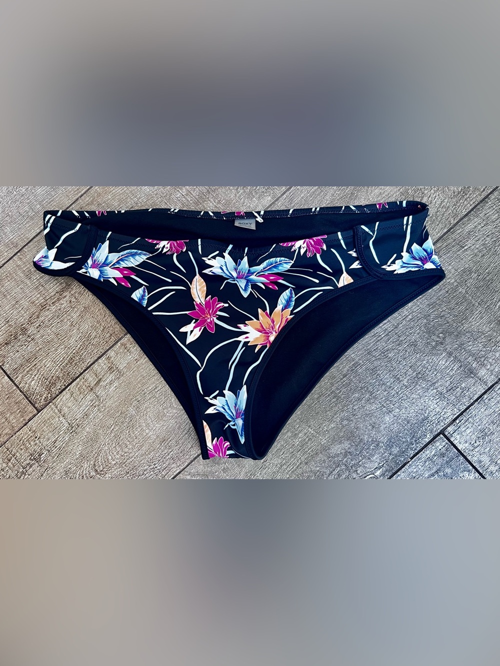 Roxy Black Bikini Bottom with fuchsia, White Floral Accents